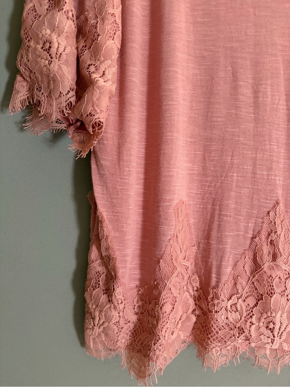 Eyeshadow Top Blush Pink Lace Trim XL Linen Blend Blouse Romantic Boho Coquette - Picture 2 of 13